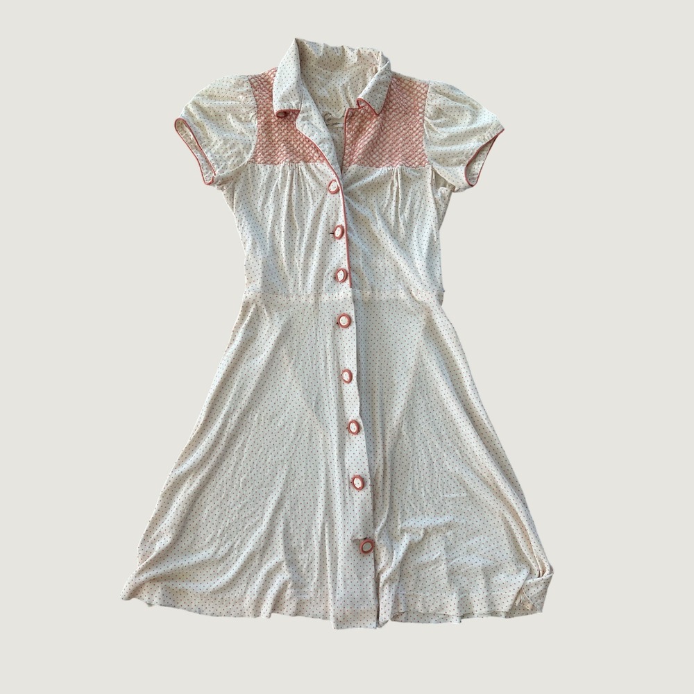 Vintage California Holiday Polka Dot Smocked Yoke Button Front Dress Cream Coral